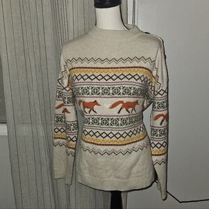 Talbots Cream and Orange Fox Pattern Crewneck Sweater